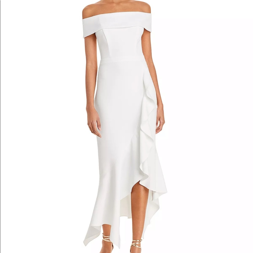 AQUA Scuba Crepe Off-the-Shoulder Midi Dress